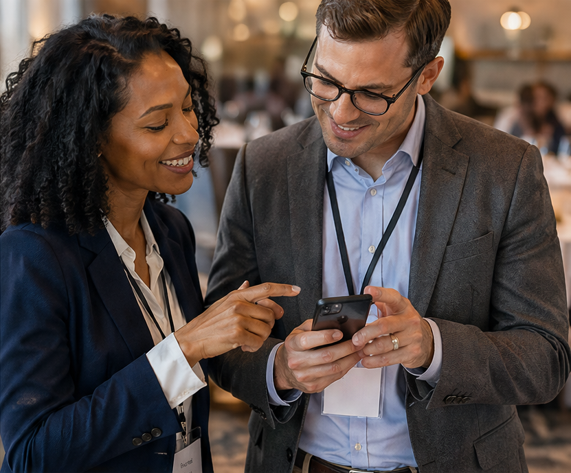 Two attendees looking up their seat