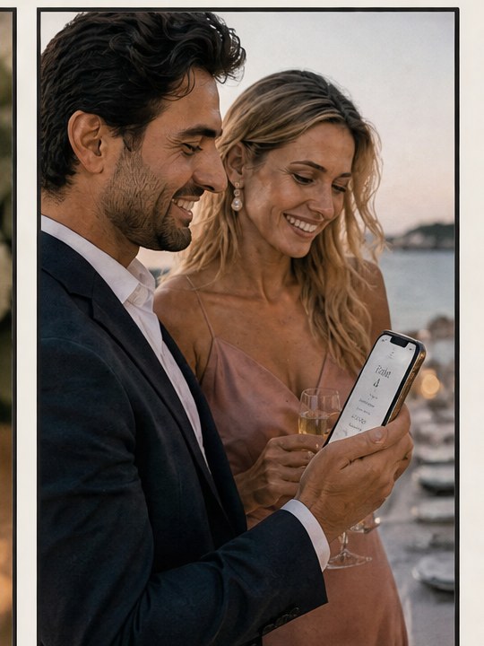Couple smiling at phone showing their table assignment