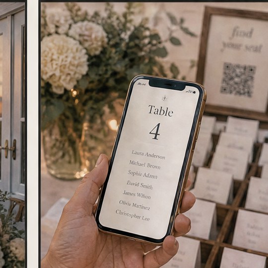 Guest using SeatFound at wedding reception entrance